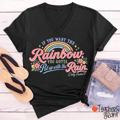 Dolly Rainbow Quote Floral Teacher V-Neck T-Shirt