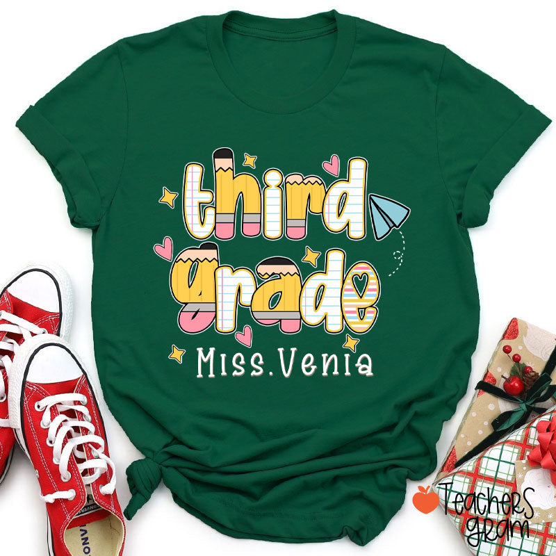 Personalized Name Grade Pencil Notebook Heart Star Paper Plane Teacher T-Shirt
