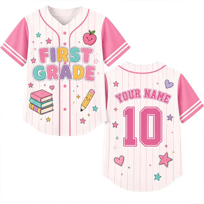 Personalized Grade And Name Preppy Stripes Books Apple Pencil Teacher Baseball Jersey