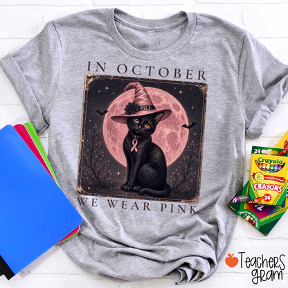 In October We Wear Pink Witch Black Cat Pink Moon Breast Cancer Awareness Teacher T-Shirt