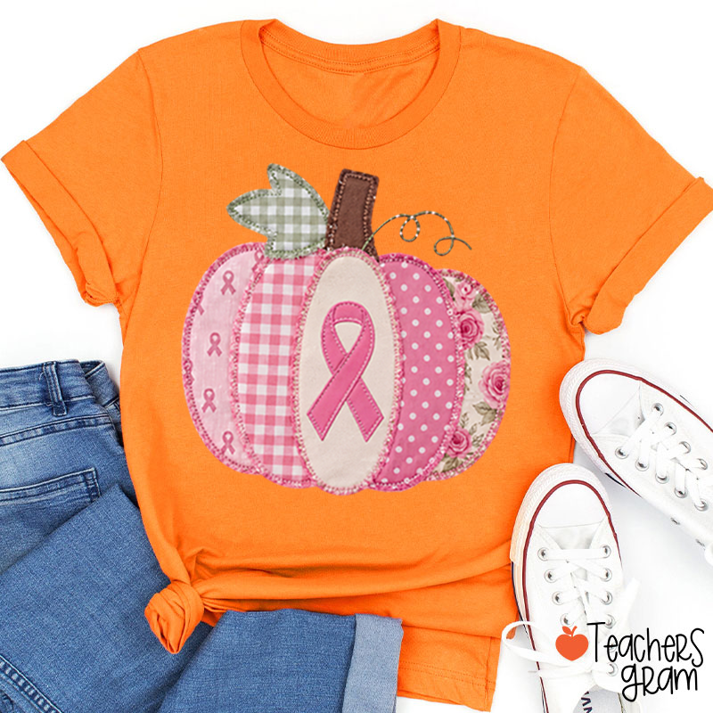 Pink Faux Patchwork Pumpkin Ribbon Teacher T-Shirt