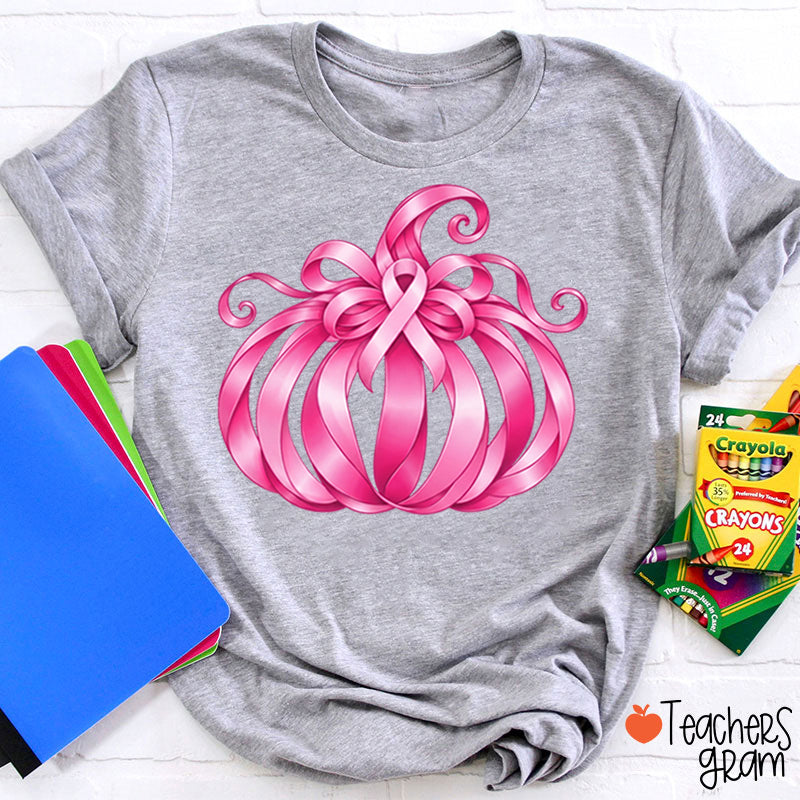 Pink Ribbon Bow Pumpkin Fall Teacher T-Shirt