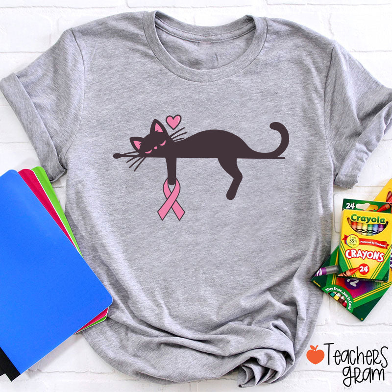 Black Cat With Pink Ribbon Awareness Teacher T-Shirt