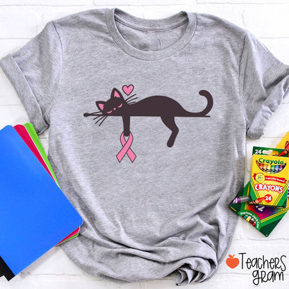 Black Cat With Pink Ribbon Awareness Teacher T-Shirt