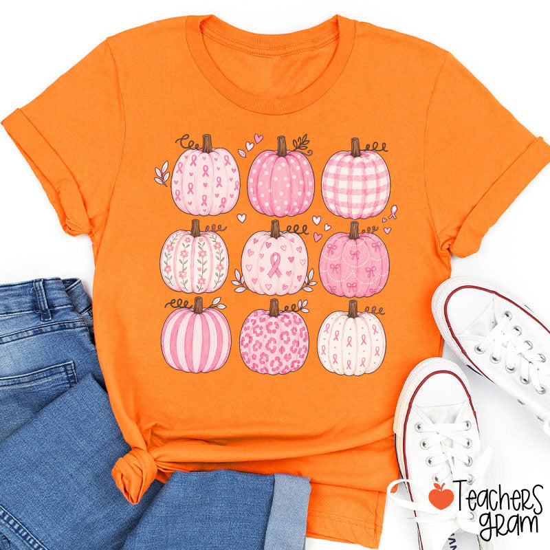 Pink Ribbon Breast Cancer Awareness Grid Pumpkin Teacher T-Shirt