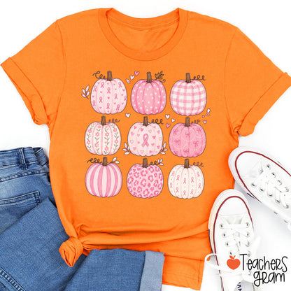 Pink Ribbon Breast Cancer Awareness Grid Pumpkin Teacher T-Shirt