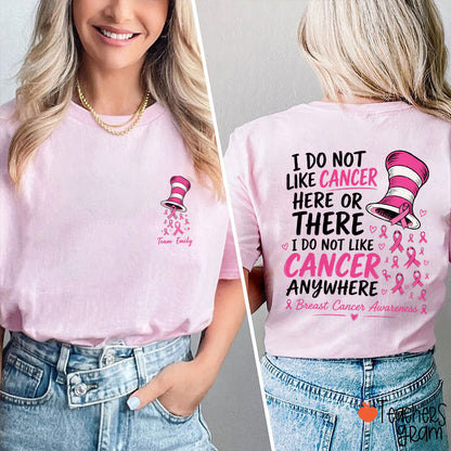 Personalized Team Name Pink Ribbon Striped Hat Teacher Two Sided T-Shirt