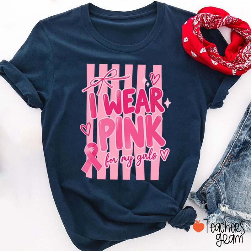 Personalized I Wear Pink For My People Striped Pink Ribbon Teacher T-Shirt