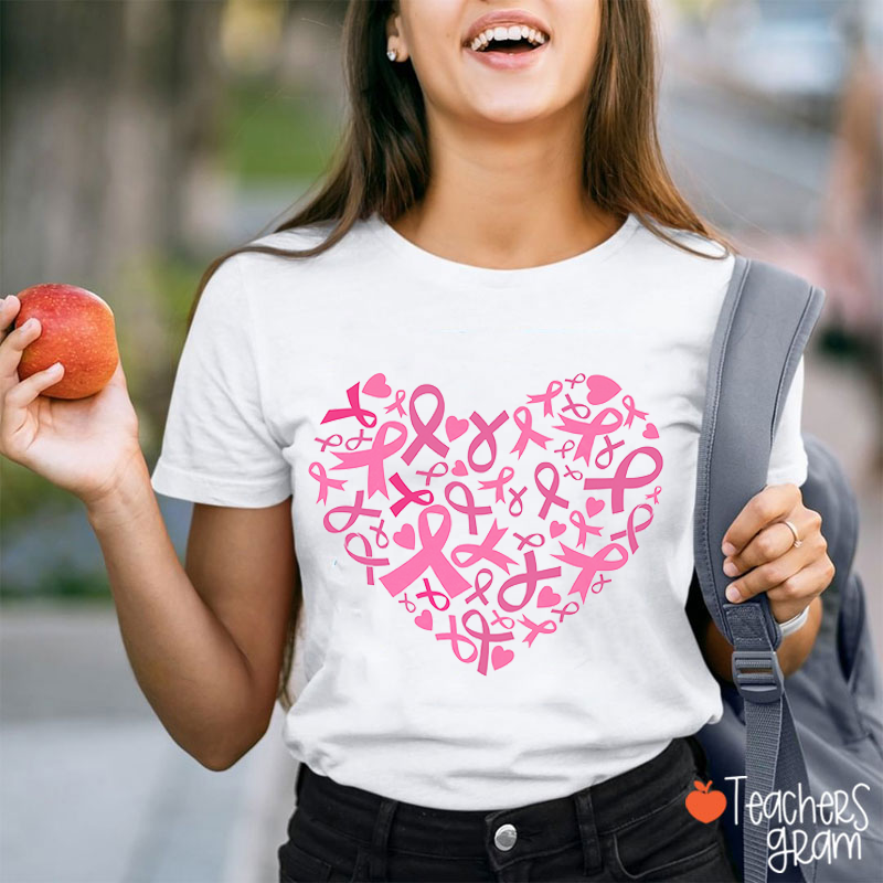Pink Ribbon Heart Breast Cancer Awareness Teacher T-Shirt