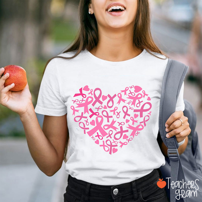 Pink Ribbon Heart Breast Cancer Awareness Teacher T-Shirt
