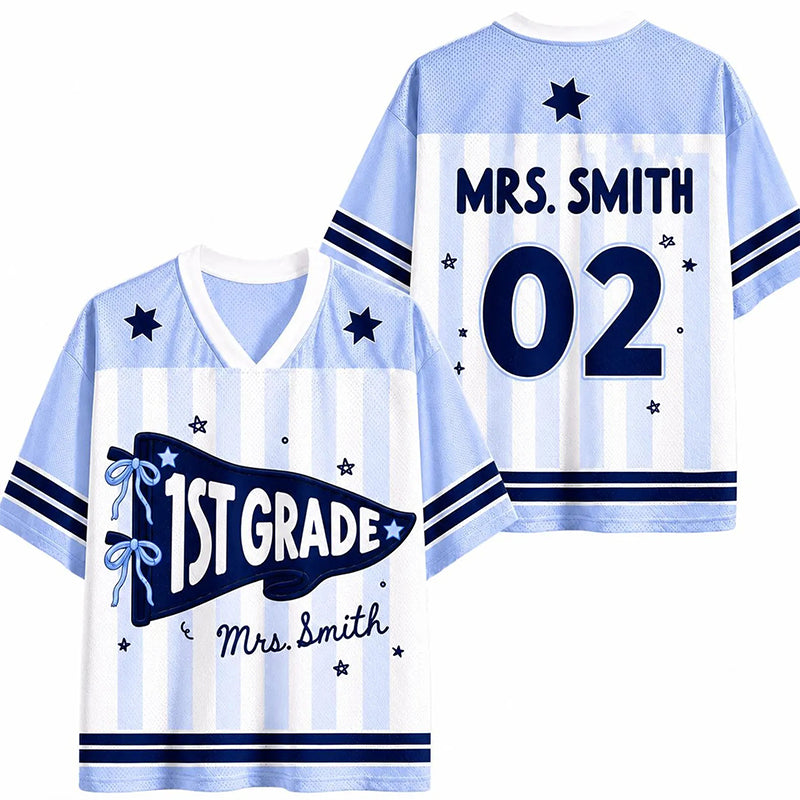 Personalized Grade And Name Preppy Stripes Pennant Fisrt Day Teacher Mesh Jersey