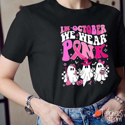 In October We Wear Pink Cute Ghost Teacher T-Shirt