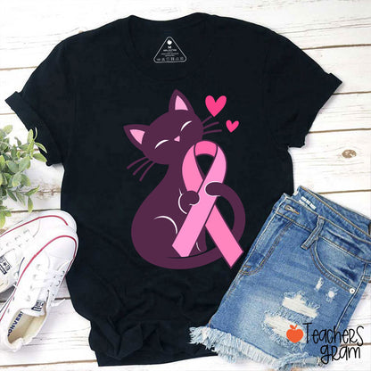 Black Cat Pink Ribbon Love Teacher T-Shirt