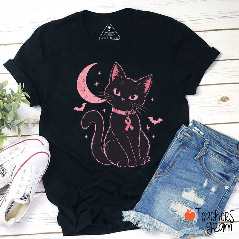Halloween Pink Ribbon Cat Teacher T-Shirt