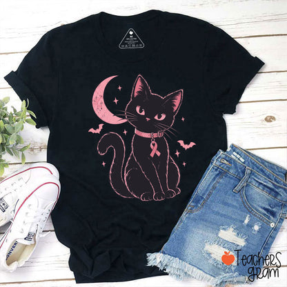 Halloween Pink Ribbon Cat Teacher T-Shirt