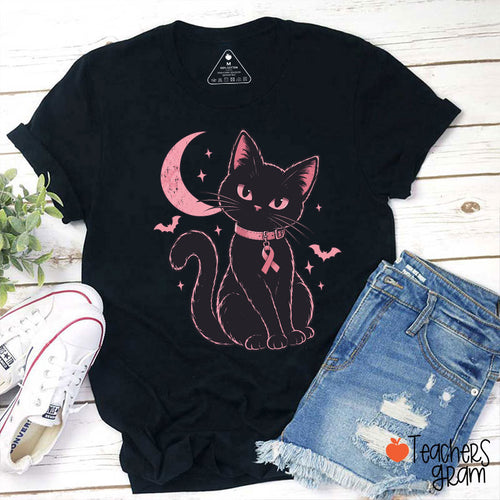 Halloween Pink Ribbon Cat Teacher T-Shirt