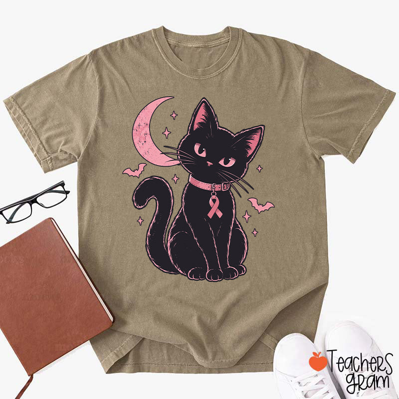 Halloween Pink Ribbon Cat Teacher T-Shirt