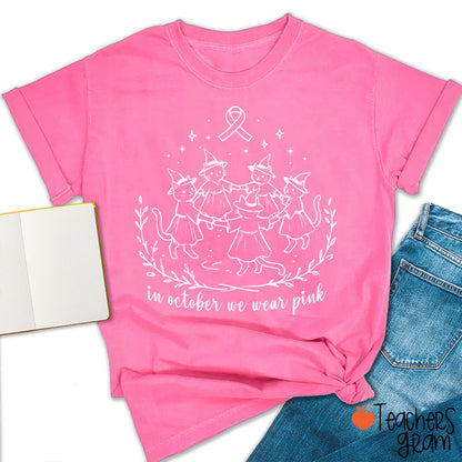 Cute Cat Witch In October We Wear Pink Teacher T-Shirt