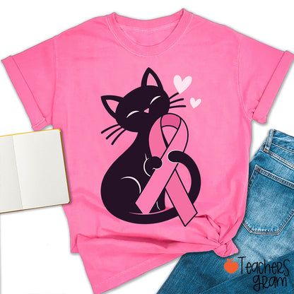 Black Cat Pink Ribbon Love Teacher T-Shirt