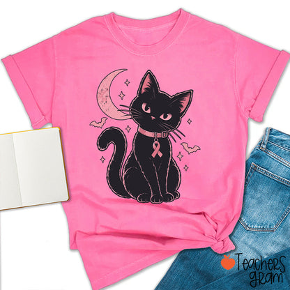 Halloween Pink Ribbon Cat Teacher T-Shirt