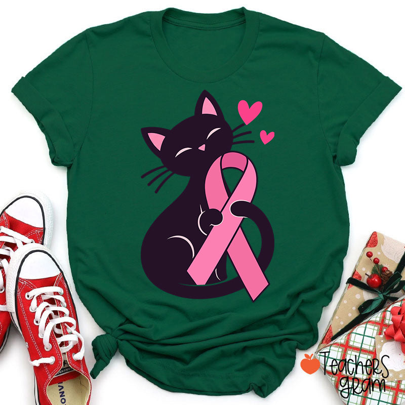 Black Cat Pink Ribbon Love Teacher T-Shirt