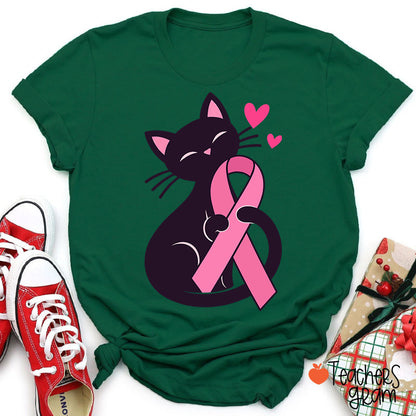 Black Cat Pink Ribbon Love Teacher T-Shirt