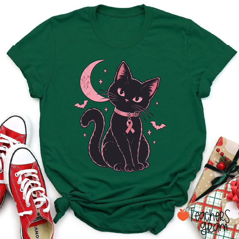 Halloween Pink Ribbon Cat Teacher T-Shirt