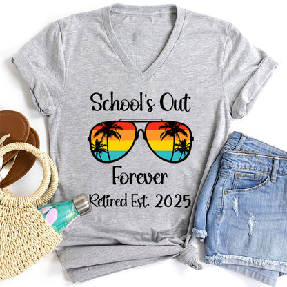 Personalized Retired Est School's Out Forever Teacher Female V-Neck T-Shirt