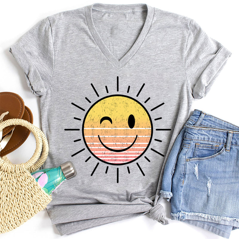 Sunshine Smile Face Teacher Female V-Neck T-Shirt