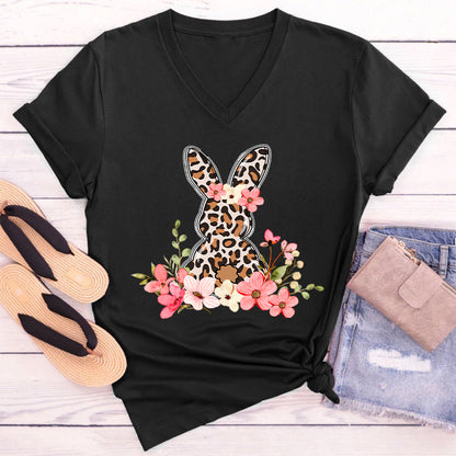 Leopard Floral Bunny Teacher Female V-Neck T-Shirt