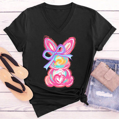 Colorful Bunny Happy Easter Teacher Female V-Neck T-Shirt