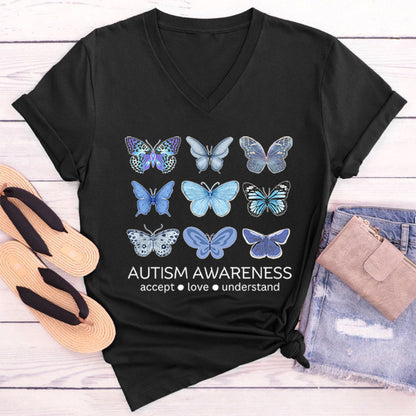 Autism Awareness Butterfly Teacher Female V-Neck T-Shirt