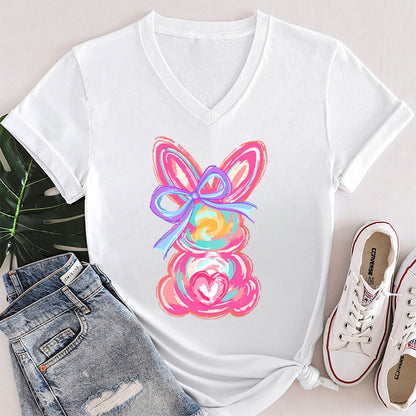Colorful Bunny Happy Easter Teacher Female V-Neck T-Shirt