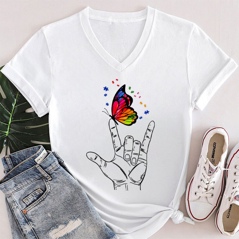 Love Sign Language Autism Butterfly Teacher Female V-Neck T-Shirt