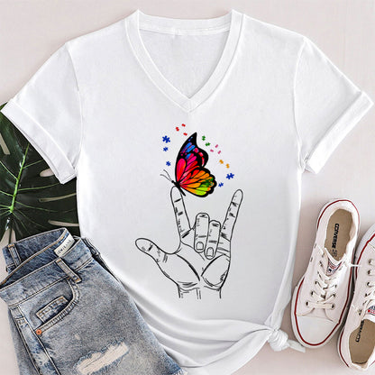 Love Sign Language Autism Butterfly Teacher Female V-Neck T-Shirt