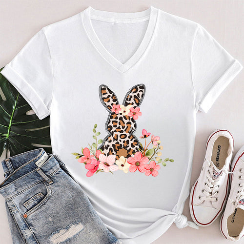 Leopard Floral Bunny Teacher Female V-Neck T-Shirt