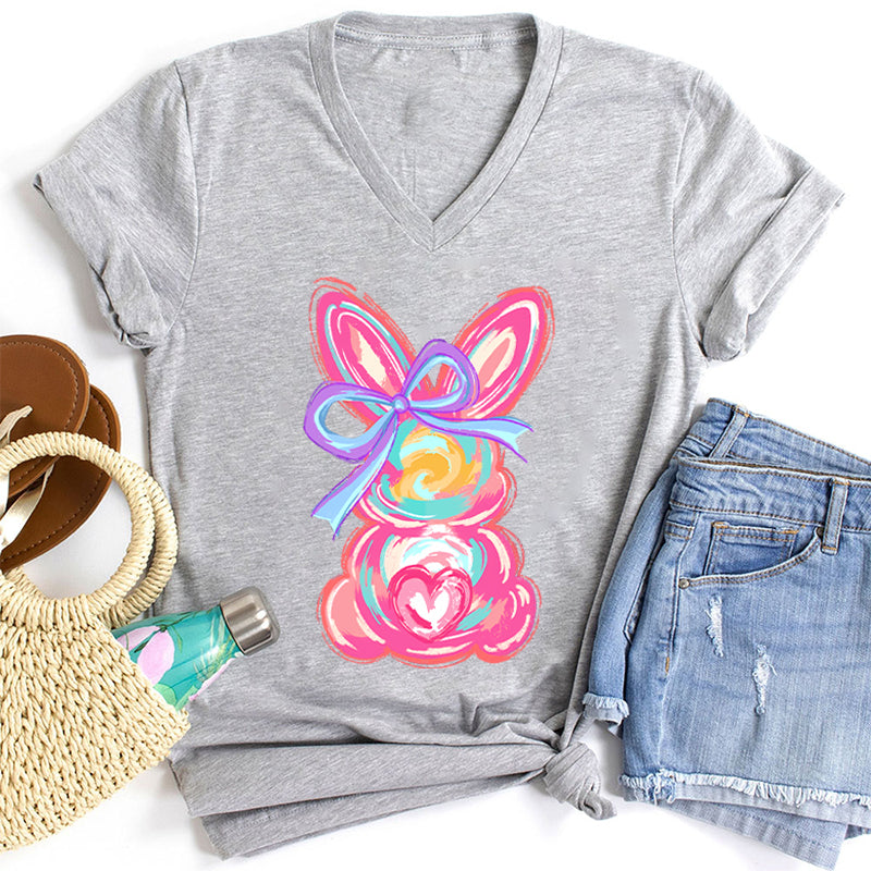 Colorful Bunny Happy Easter Teacher Female V-Neck T-Shirt