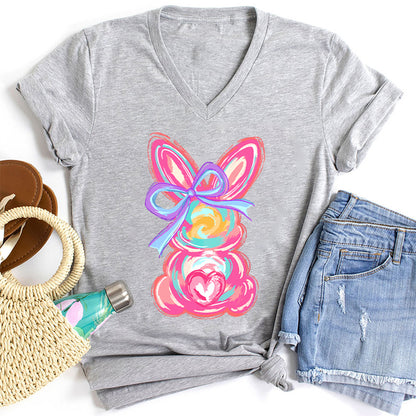 Colorful Bunny Happy Easter Teacher Female V-Neck T-Shirt