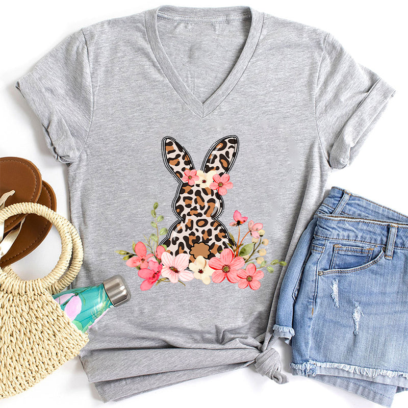 Leopard Floral Bunny Teacher Female V-Neck T-Shirt