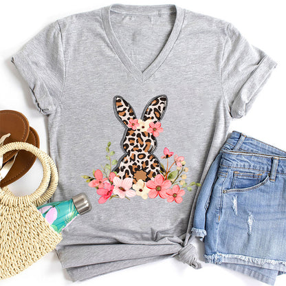 Leopard Floral Bunny Teacher Female V-Neck T-Shirt