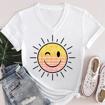 Sunshine Smile Face Teacher Female V-Neck T-Shirt