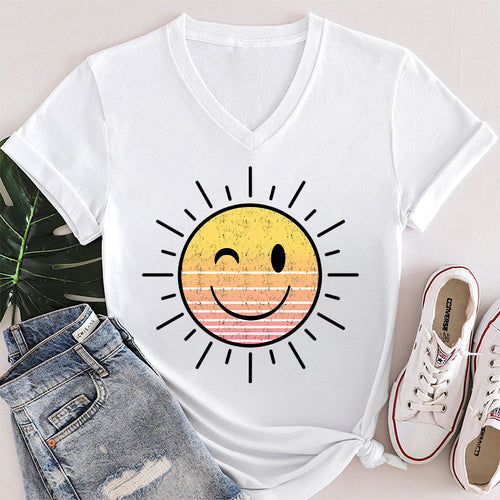 Sunshine Smile Face Teacher Female V-Neck T-Shirt