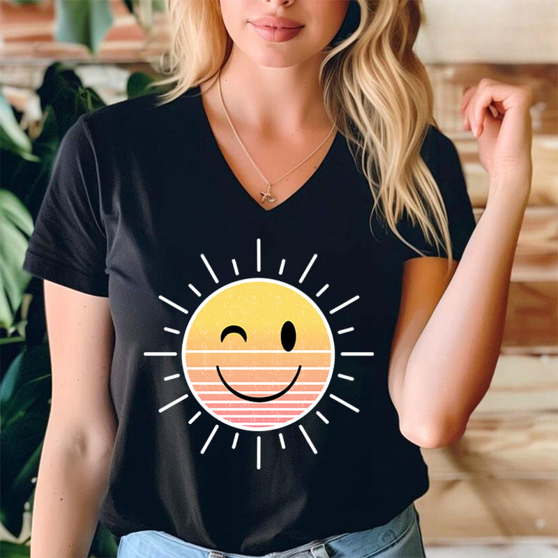 Sunshine Smile Face Teacher Female V-Neck T-Shirt