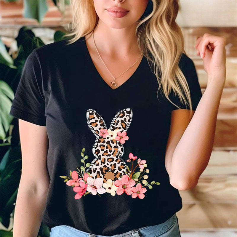 Leopard Floral Bunny Teacher Female V-Neck T-Shirt