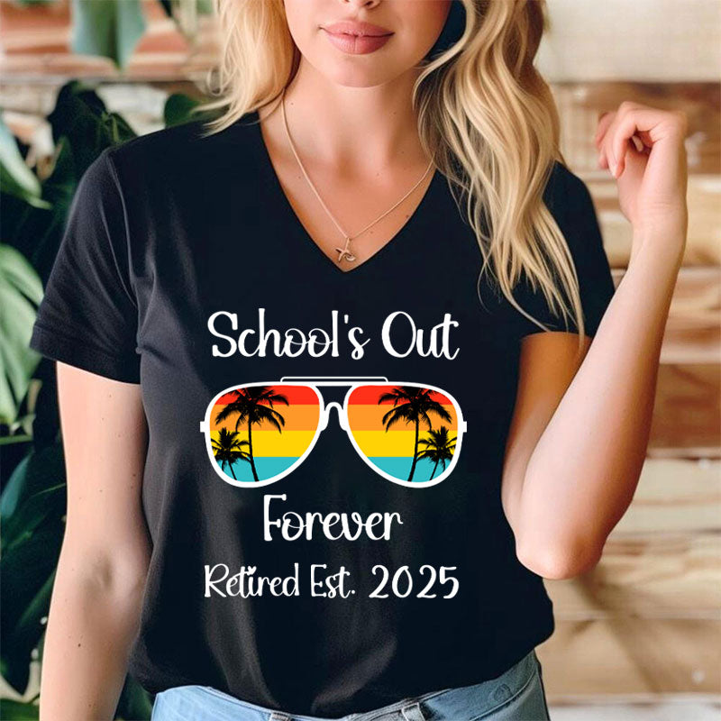 Personalized Retired Est School's Out Forever Teacher Female V-Neck T-Shirt