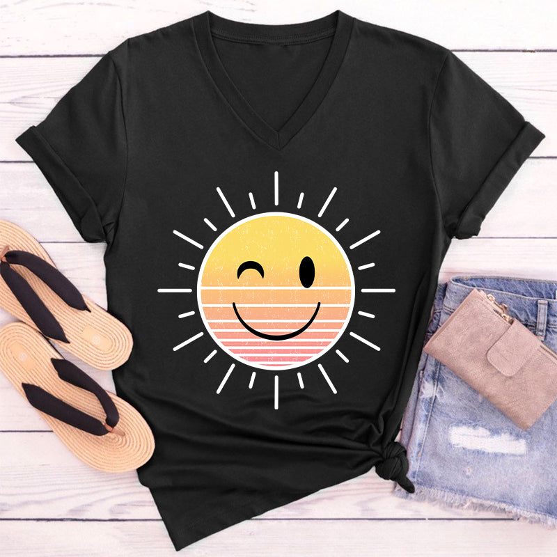 Sunshine Smile Face Teacher Female V-Neck T-Shirt