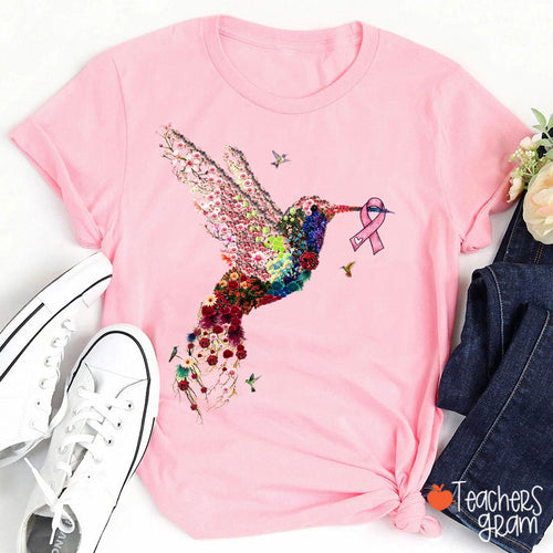 Floral Hummingbird Breast Cancer Awareness Teacher T-Shirt