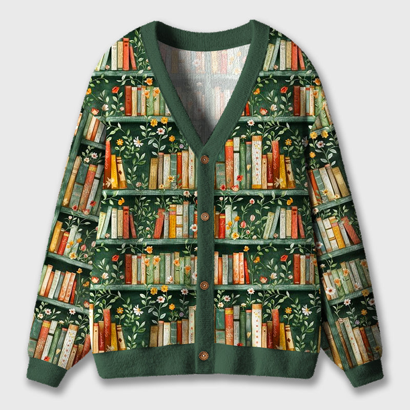 Flowers Bookshelf Teacher Ugly Cardigan Sweaters
