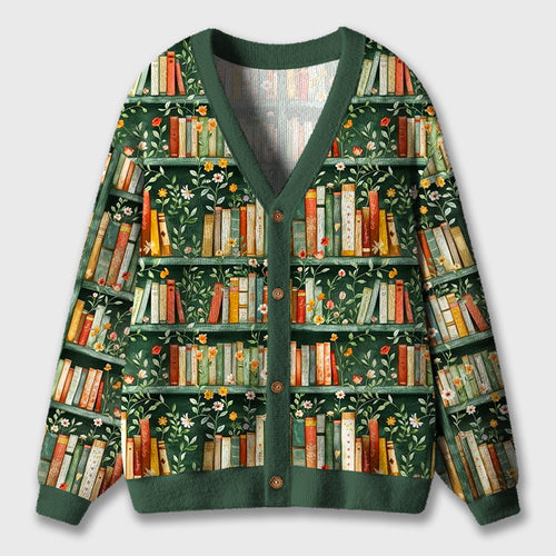Flowers Bookshelf Teacher Ugly Cardigan Sweaters
