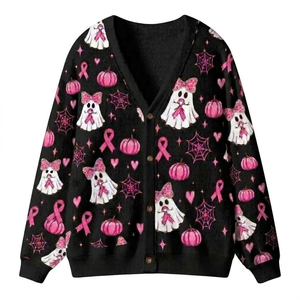 Pink Ribbon Ghost Halloween Teacher Ugly Cardigan Sweaters